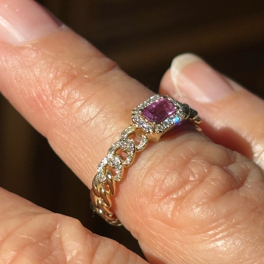 14 KT Gold Chain-Link Ring with Pink Emerald-Cut Sapphire Diamond Halo 6.5 - Picture 3 of 8